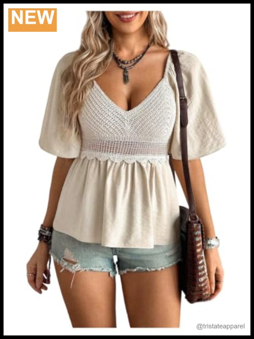 Boho Crochet Babydoll Peplum Blouse V Neck Short Sleeve Flowy